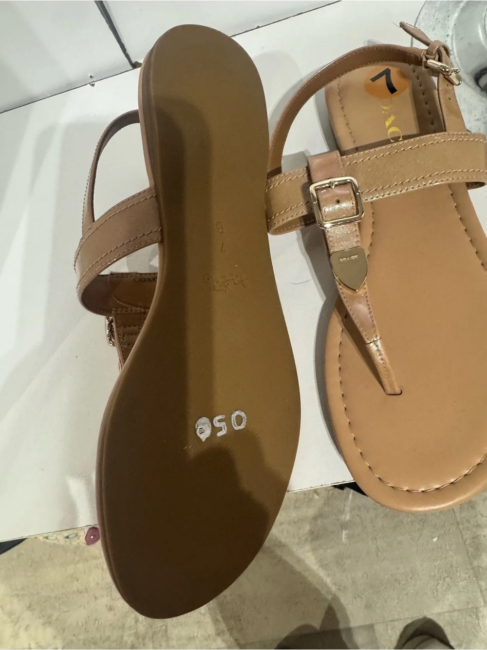 Coach Tan T-Strap Buckle Sandals